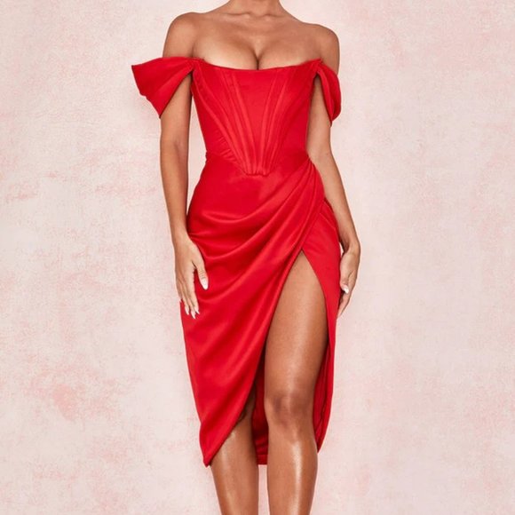 Dresses & Skirts - OFF SHOULDER RED SATIN DRESS (SIZE 4)